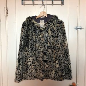 Faux fur leopard print jacket with hood.